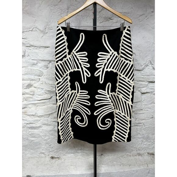 Moshita Couture Abstract Appliqué Design 2XL Black Ivory Lined Skirt Vintage - Picture 1 of 9